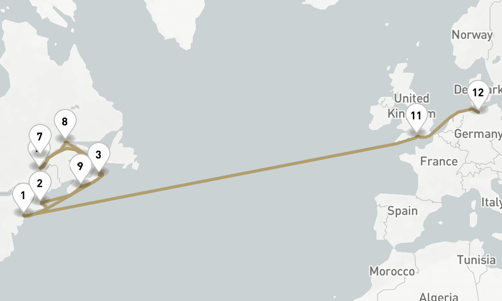 24 days, one-way from New York to Hamburg 25日間