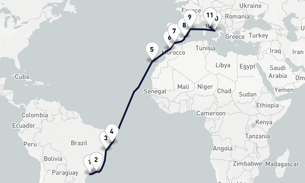 19 days, one-way from Santos to Civitavecchia-Rome 20日間