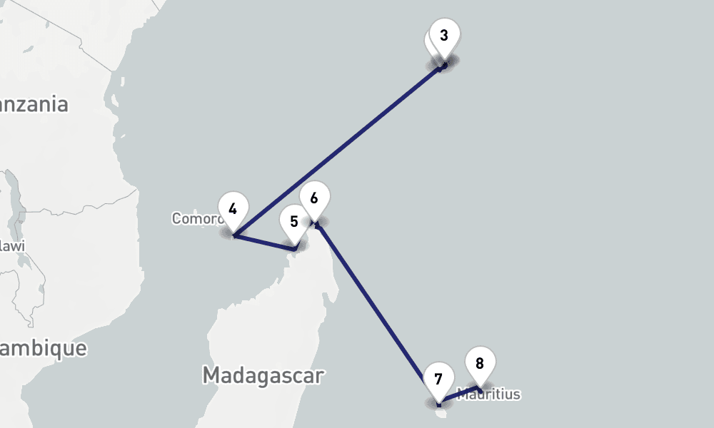 15 days, one-way from Mahe Island Seychelles to Port Louis 16日間