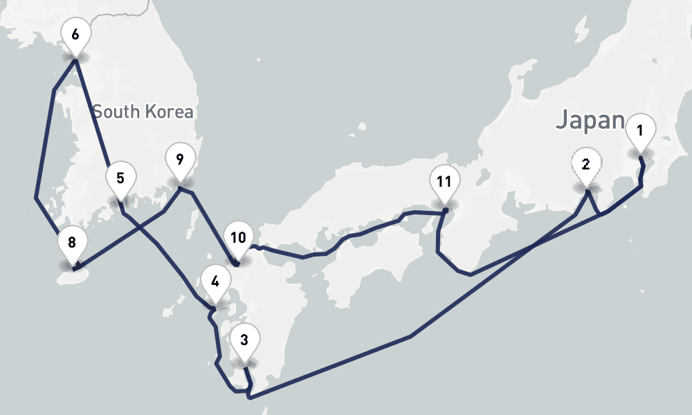 15 days, round-trip Japan South Korea Discovery 16日間