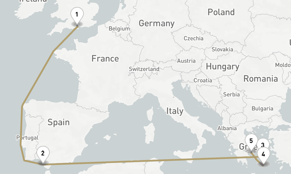 9 days, one-way from Southampton to Piraeus-Athens 10日間