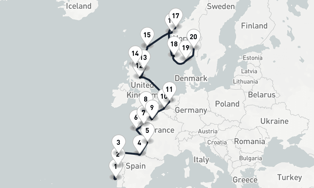 20 days, one-way from Lisbon to Oslo 21日間