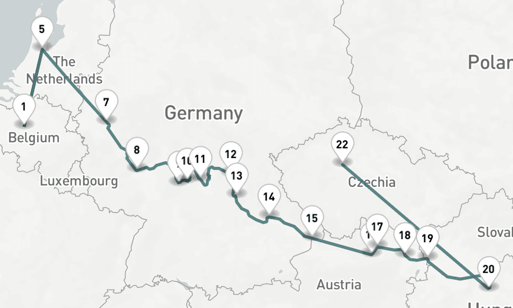 20 nights / 21 days, one-way from Brussels to Prague (Czech Republic)