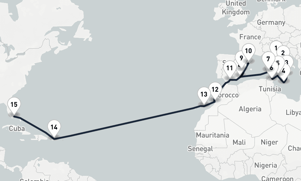 25 days, one-way from Civitavecchia-Rome to Miami 26日間