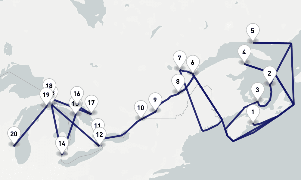 19 days, one-way from Halifax to Milwaukee WI 20日間
