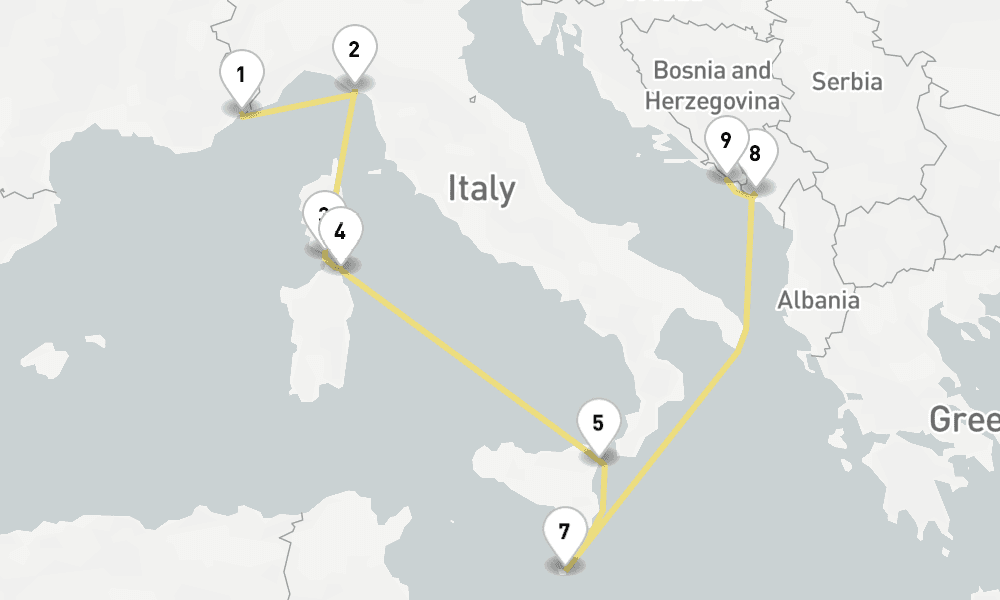 10 days, one-way from Villefranche-sur-Mer to Dubrovnik 11日間