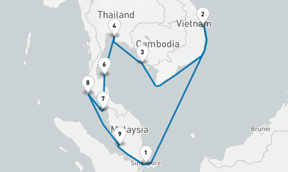 14 days, round-trip Southeast Asia with Malaysia, Thailand Vietnam 15日間