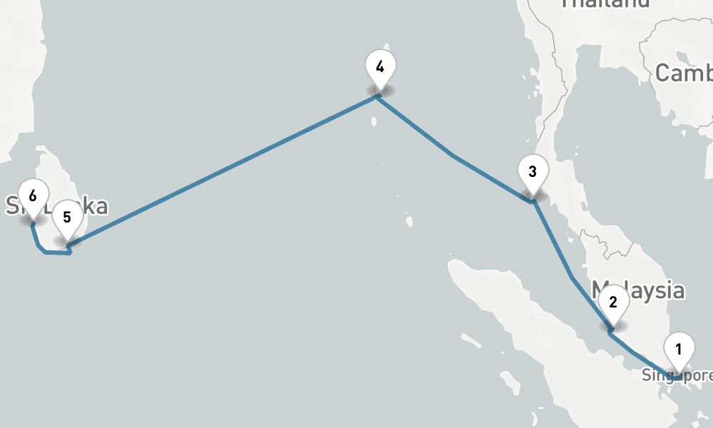 9 days, one-way from Singapore to Colombo 10日間