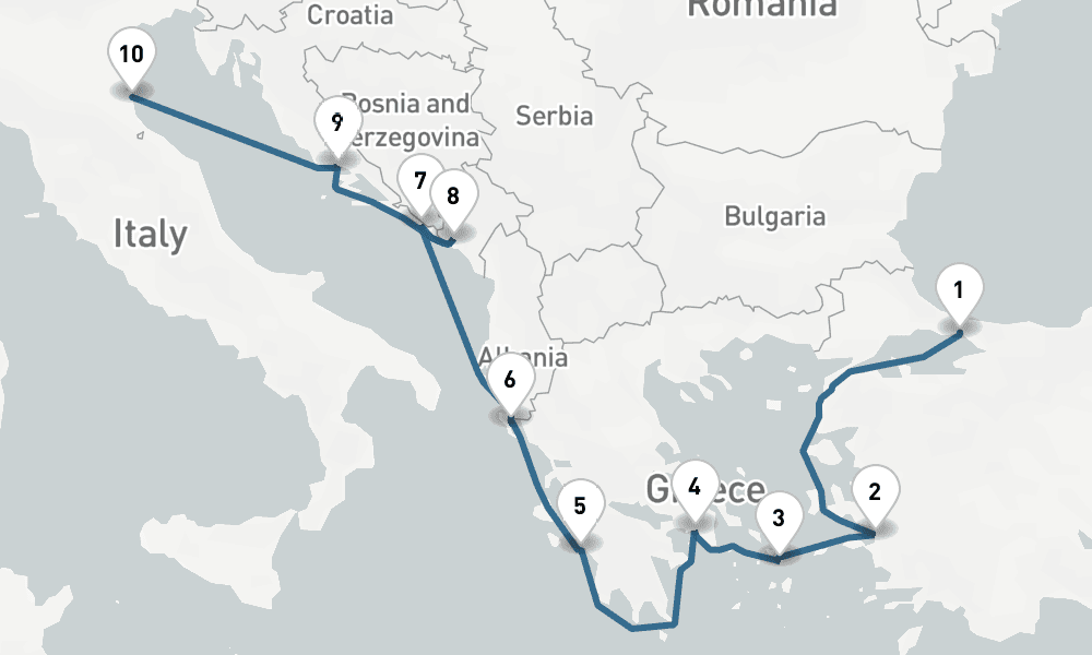 9 days, one-way from Istanbul to Ravenna 10日間