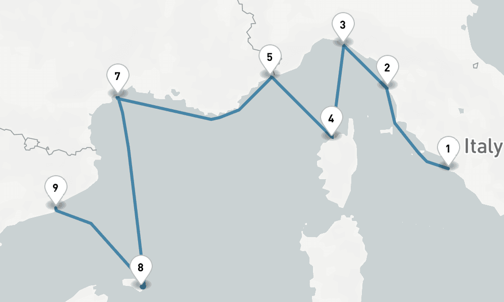 9 days, one-way from Civitavecchia-Rome to Barcelona 10日間