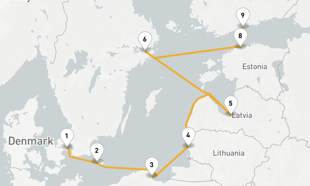 8 days, one-way from Copenhagen to Helsinki 9日間