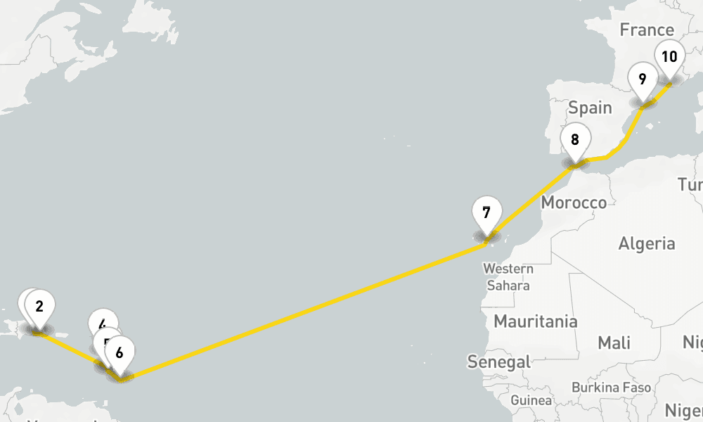 18 days, one-way from Santo Domingo to Marseille 19日間