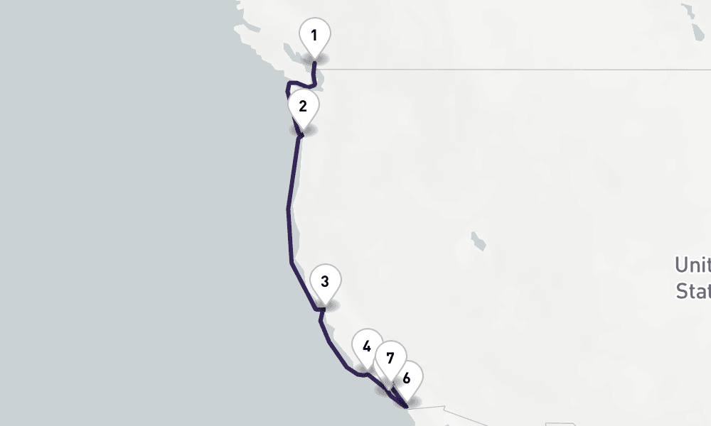 8 days, one-way from Vancouver to Los Angeles 9日間