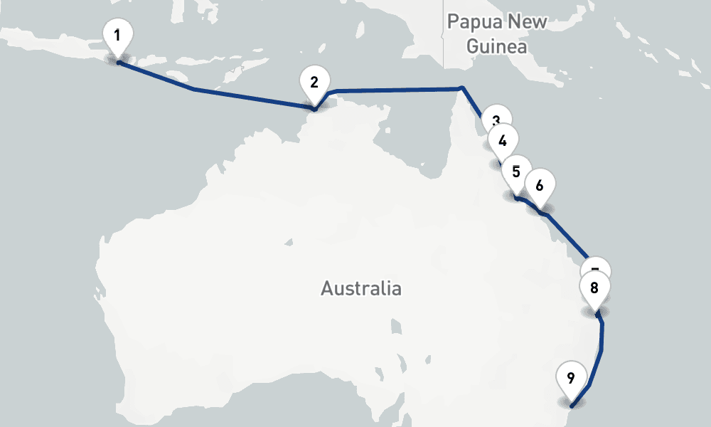 14 days, one-way from Benoa to Sydney 15日間