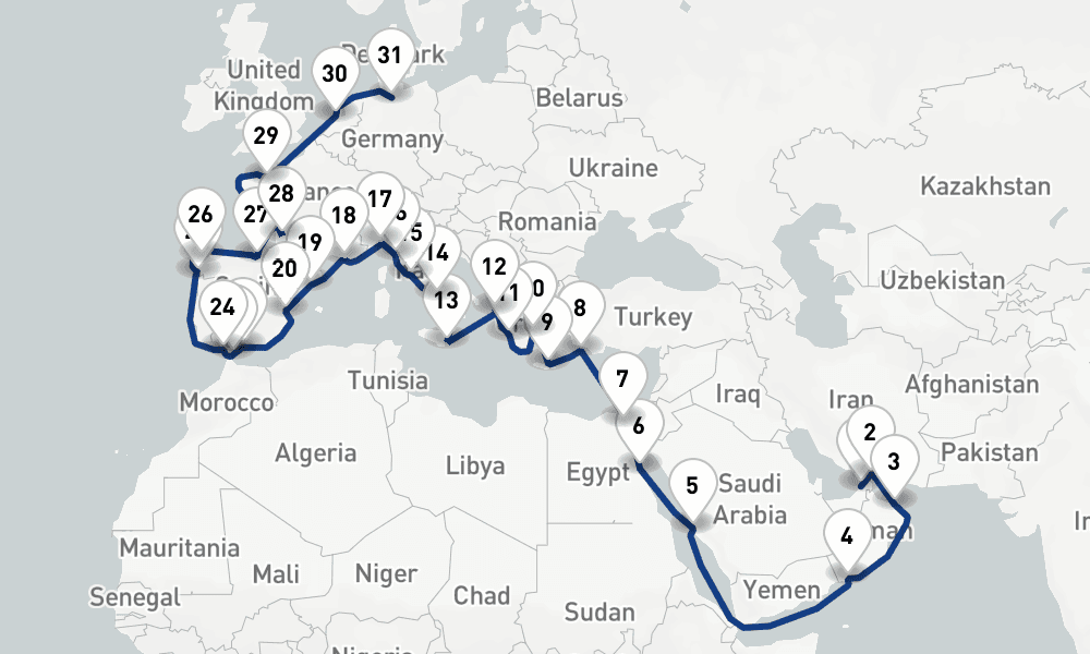 42 days, one-way from Dubai to Hamburg 43日間