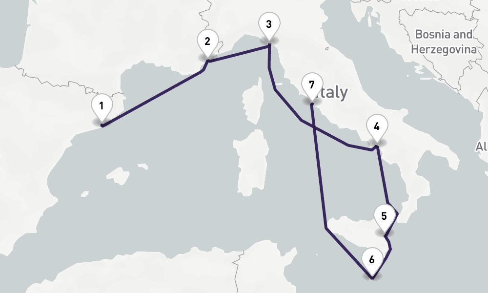 9 days, one-way from Barcelona to Civitavecchia-Rome 10日間