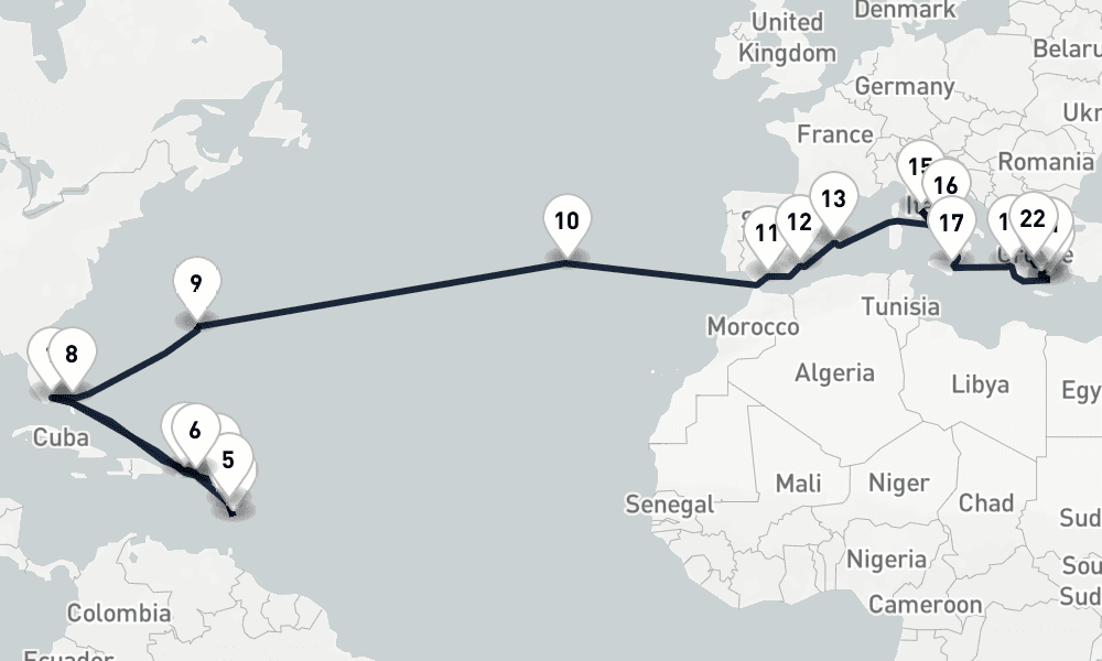 33 days, one-way from Miami to Piraeus-Athens 34日間