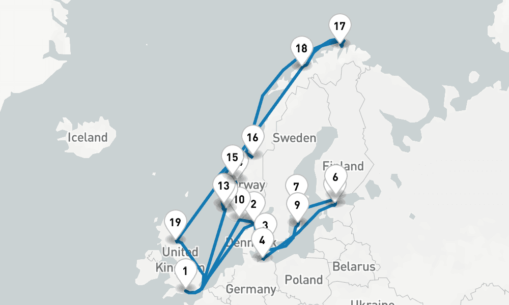 28 days, round-trip Scandinavia Land of the Midnight Sun 29日間