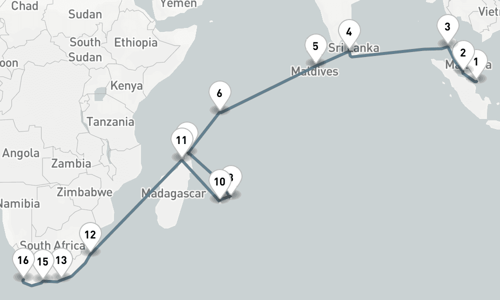 31 days, one-way from Singapore to Cape Town 32日間