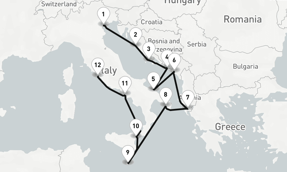 12 days, one-way from Venice to Civitavecchia-Rome 13日間