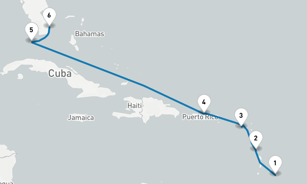 7 days, one-way from Bridgetown to Miami 8日間