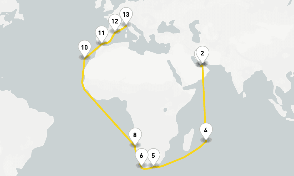 35 days, one-way from Abu Dhabi to Genoa 36日間