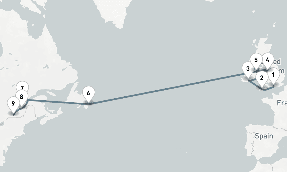 14 days, one-way from Southampton to Montreal 15日間