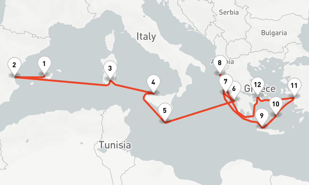 16 nights / 17 days, one-way from Palma de Mallorca (Majorca Island, Spain) to Corfu Island