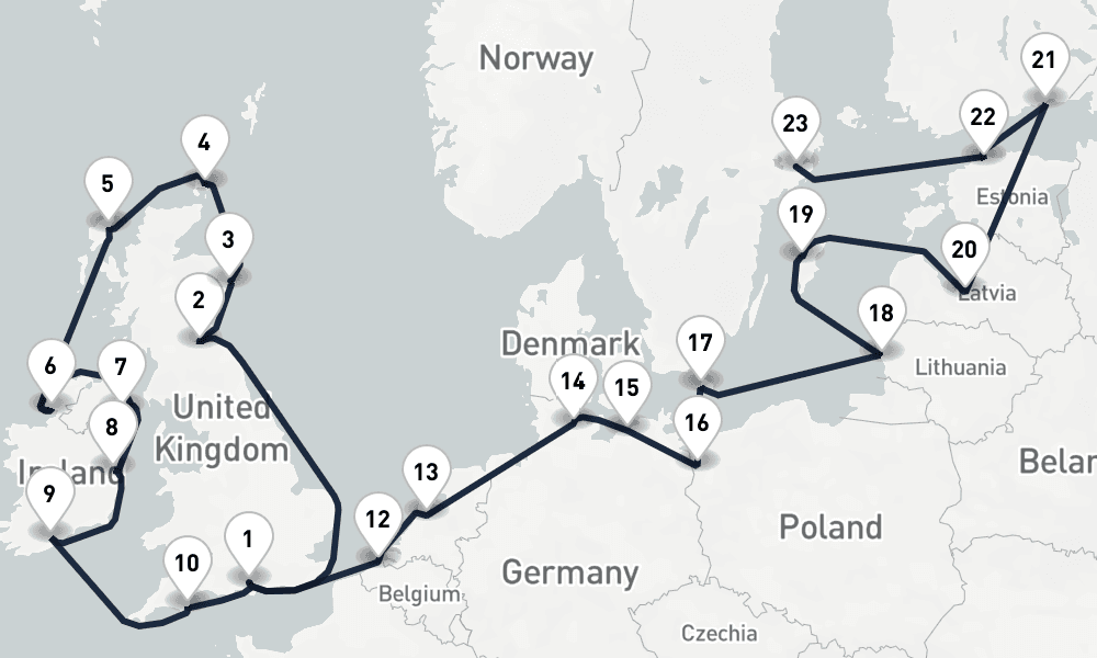 25 days, one-way from Southampton to Stockholm 26日間
