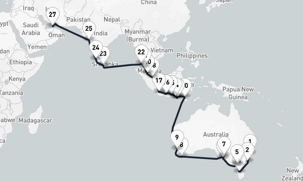 44 days, one-way from Sydney to Dubai 45日間