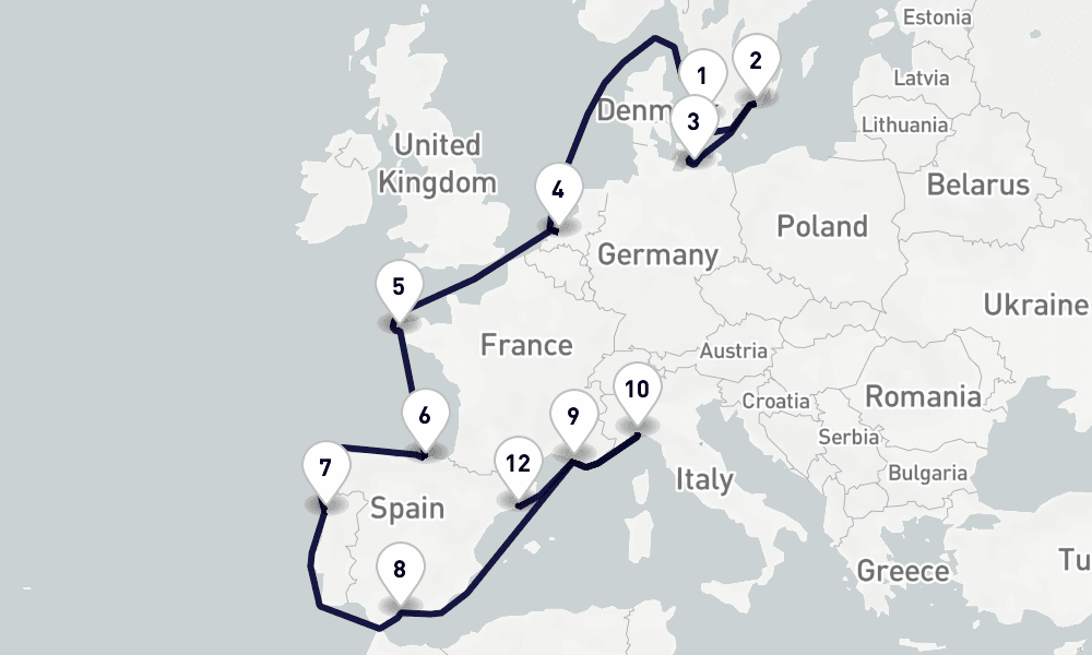 16 days, one-way from Copenhagen to Barcelona 17日間