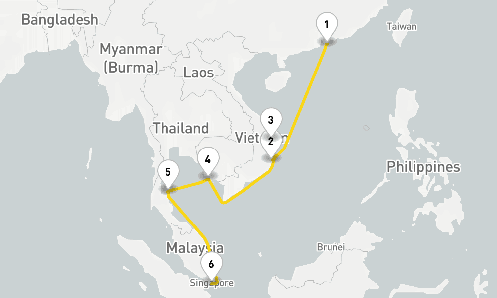 8 days, one-way from Hong Kong to Singapore 9日間