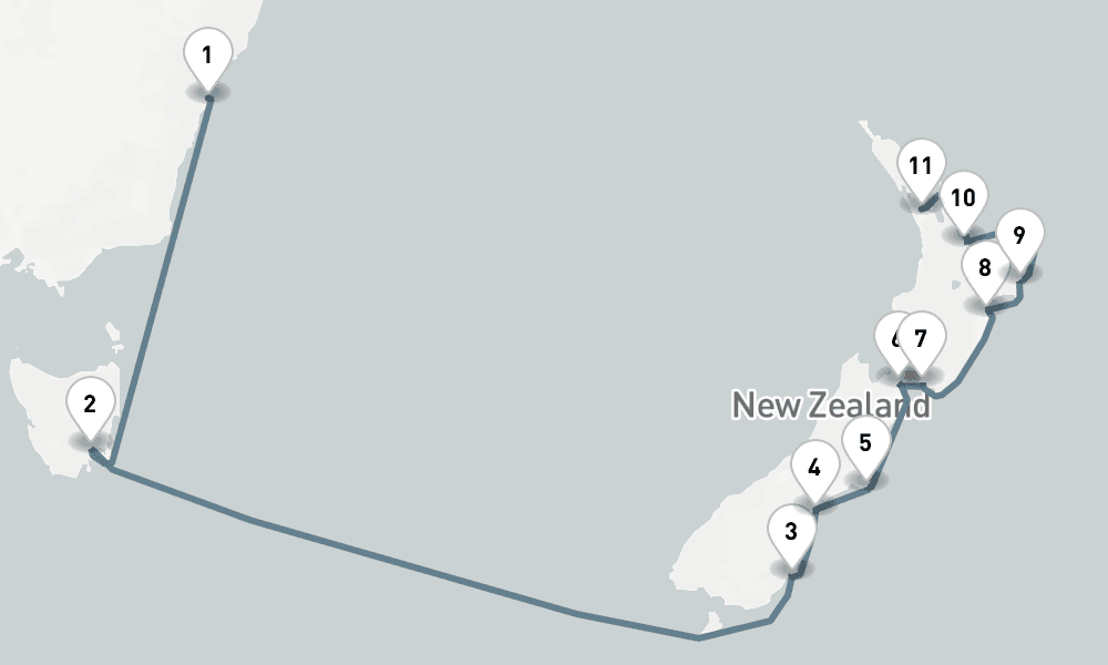 14 days, one-way from Sydney to Auckland 15日間