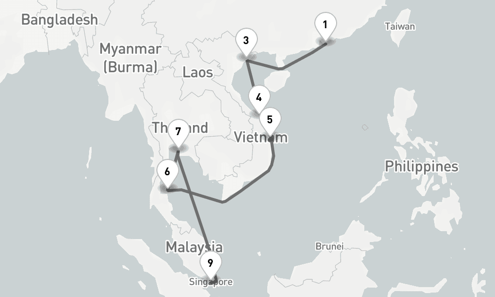14 days, one-way from Hong Kong to Singapore 15日間
