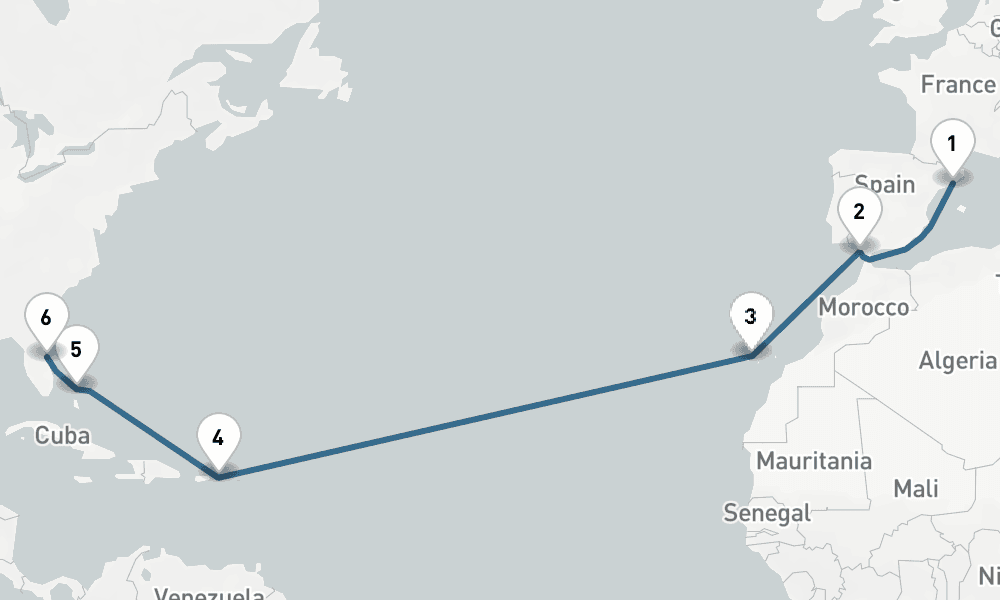 14 days, one-way from Barcelona to Port Canaveral 15日間
