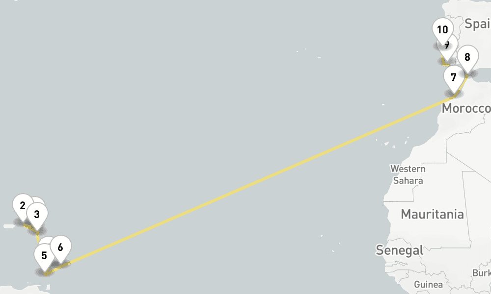 20 days, one-way from Philipsburg St Maarten to Lisbon 21日間