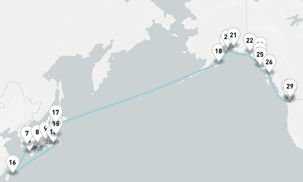39 days, one-way from Kobe-Osaka to Vancouver 40日間