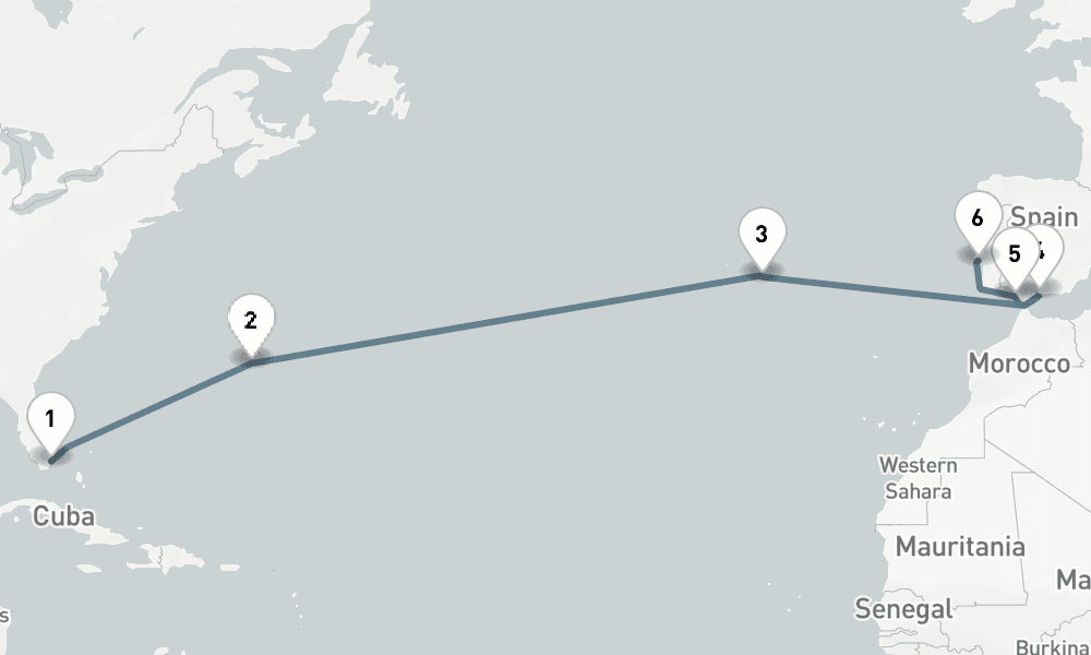 14 days, one-way from Miami to Lisbon 15日間