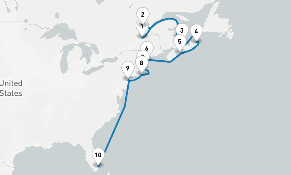 13 days, one-way from Quebec City to Fort Lauderdale 14日間