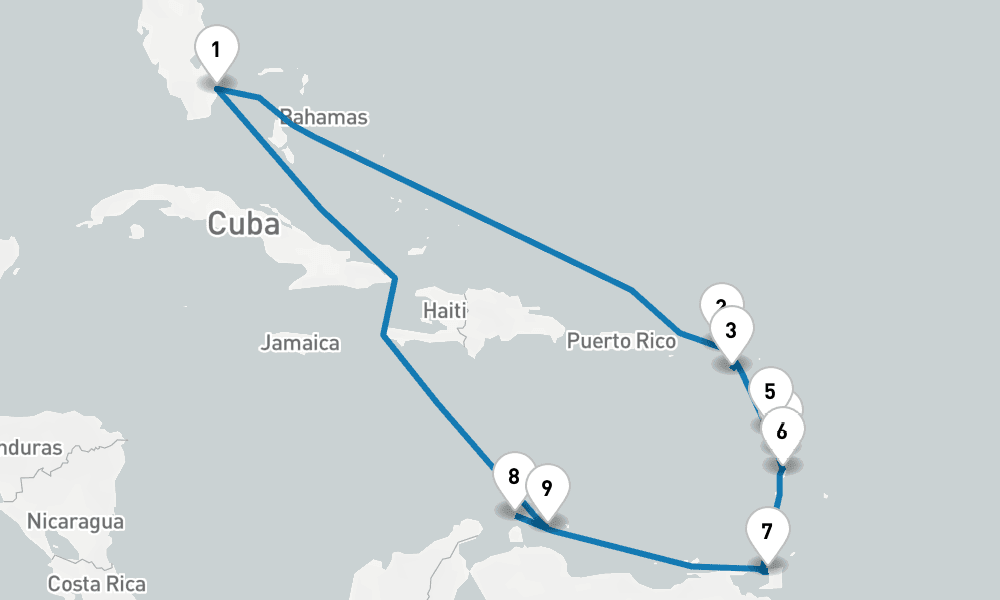 14 days, round-trip Circle Caribbean 15日間