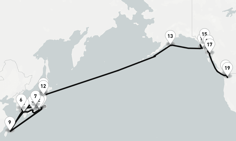 32 days, one-way from Tokyo to Seattle 33日間
