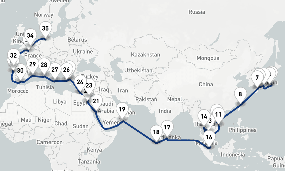 67 days, one-way from Yokohama to Hamburg 68日間