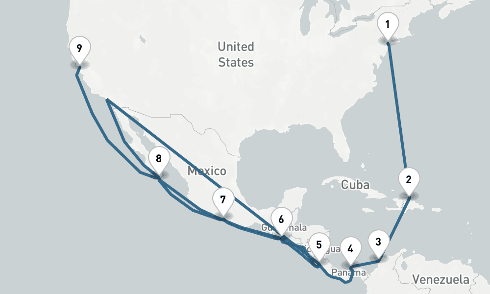 18 days, one-way from New York to San Francisco 19日間