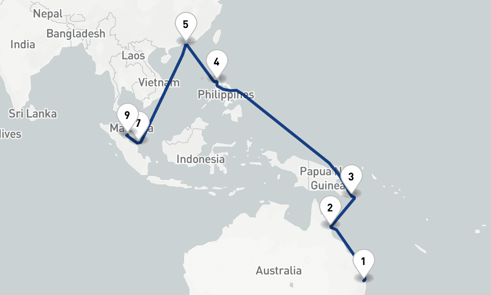 20 days, one-way from Brisbane to Klang 21日間