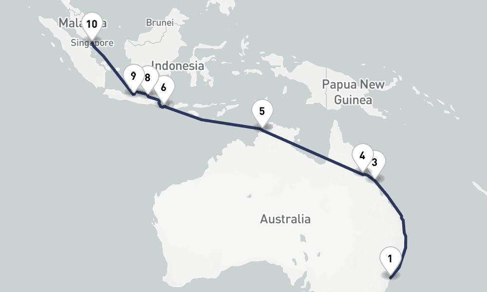 18 days, one-way from Sydney to Singapore 19日間
