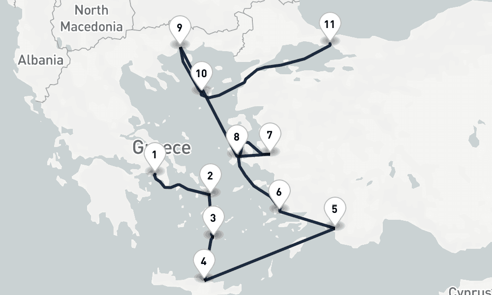 10 days, one-way from Piraeus-Athens to Istanbul 11日間