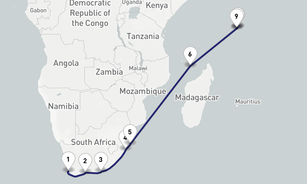 16 days, one-way from Cape Town to Mahe Island Seychelles 17日間