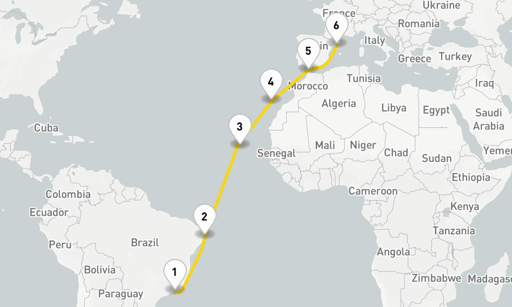 15 days, one-way from Rio de Janeiro to Barcelona 16日間