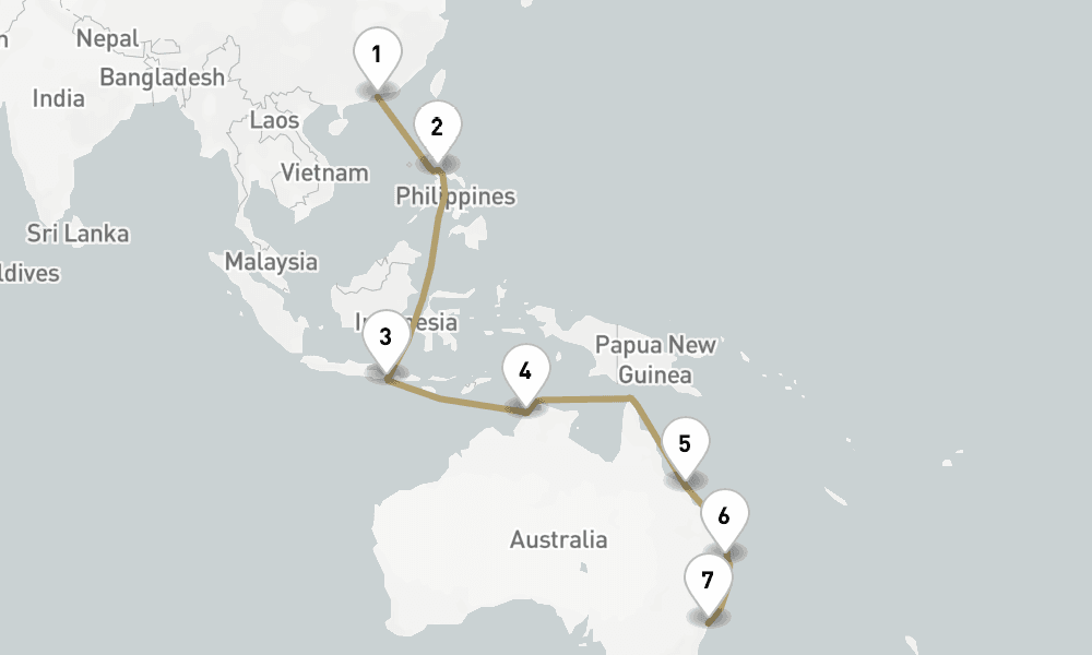 18 days, one-way from Hong Kong to Sydney 19日間