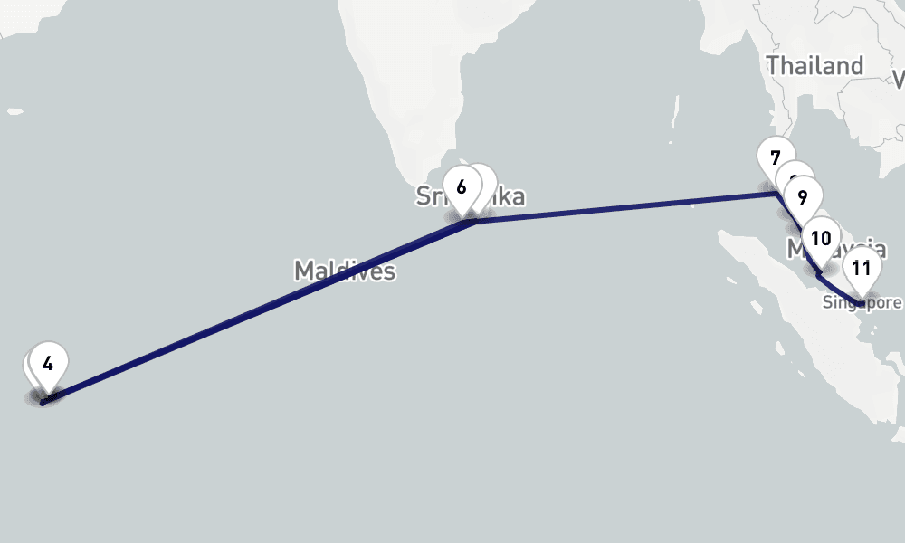 20 nights / 21 days, one-way from Mahe Island (Victoria, Seychelles) to Singapore